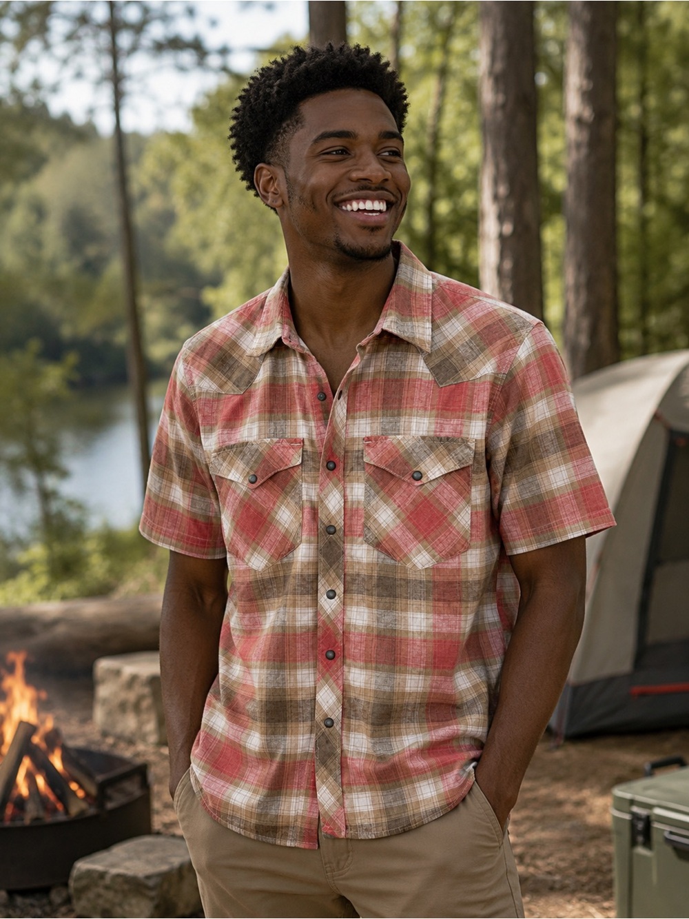 Patagonia Short-Sleeve Plaid Snap Down Shirt in Coral, Brown & Cream Sz Small